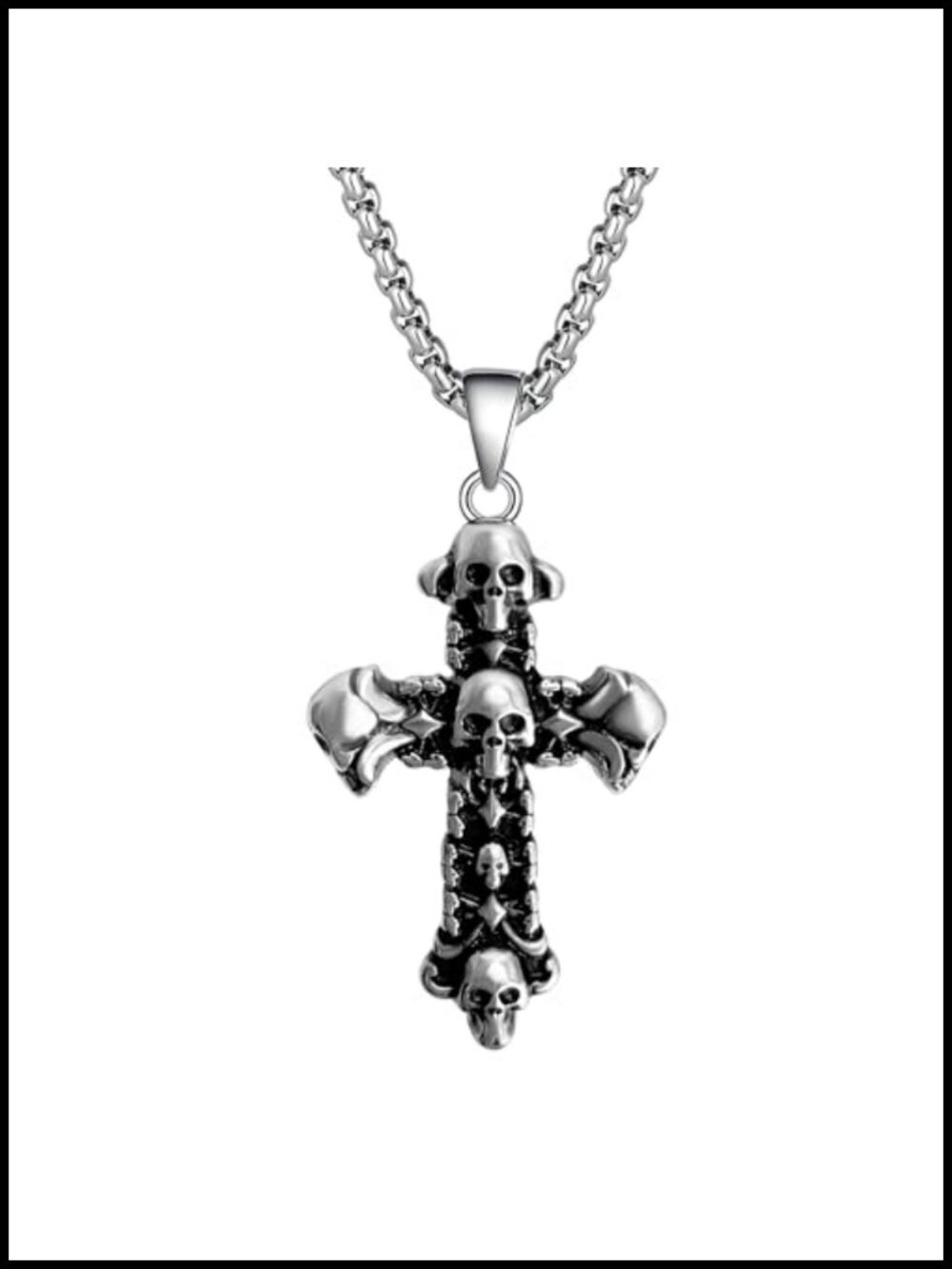 Titanium Steel Skull Cross Pendant Necklace Punk Hip Hop 23.6 Inch